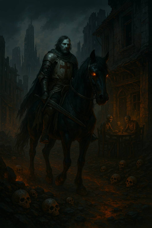 Dark fantasy mobile wallpaper depicting a lone armored knight riding a dark horse through a ruined city filled with skulls and ashes, under a stormy sky with glowing eyes and cinematic gothic atmosphere.