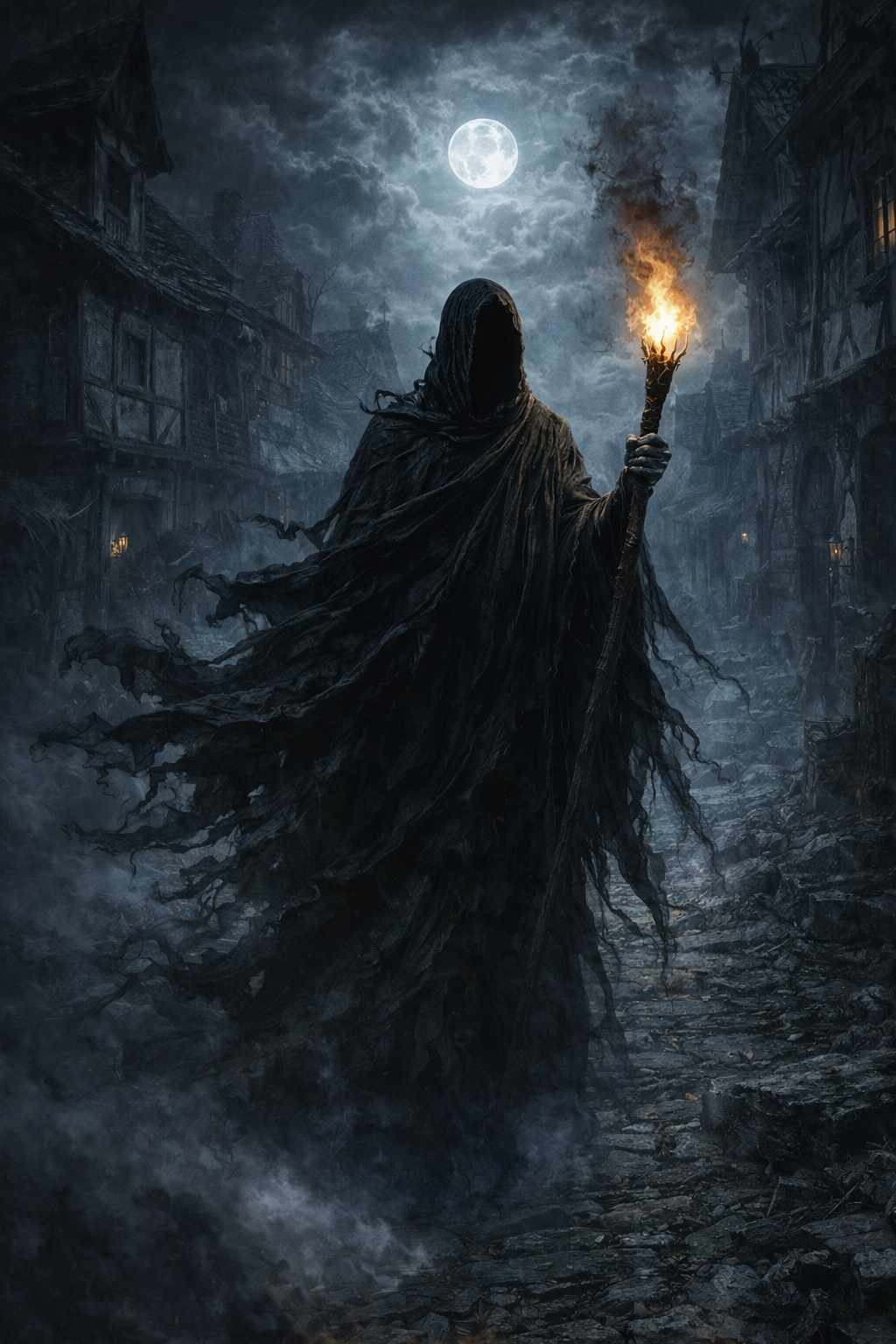 Dark Fantasy mobile wallpaper showing a hooded, faceless figure in tattered black robes walking down a ruined cobblestone street, holding a burning torch beneath a full moon, surrounded by fog, crumbling medieval houses and swirling smoke, designed as a vertical phone background.