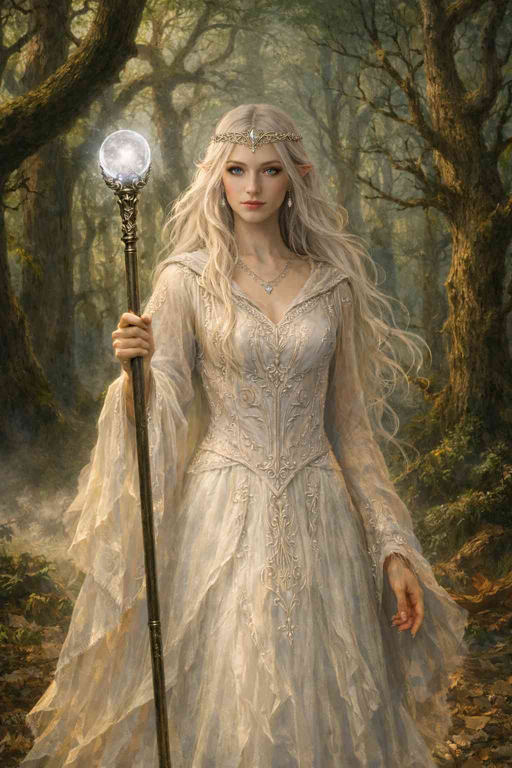 Dark fantasy mobile wallpaper depicting an ethereal elven sorceress holding a glowing crystal staff in a sunlit misty forest, wearing a detailed embroidered white gown with flowing sleeves, surrounded by ancient trees and soft golden highlights to create a serene, magical atmosphere.