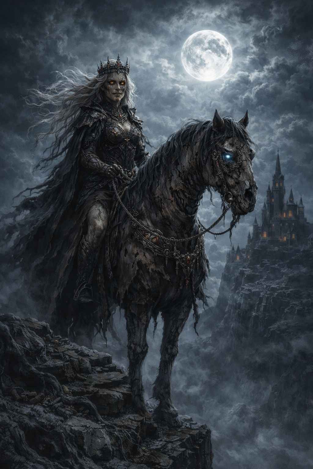 Dark fantasy mobile wallpaper showing an undead queen wearing a moon crown, mounted on a spectral horse with a glowing blue eye, standing on a jagged cliff beneath a stormy sky and full moon, overlooking a distant gothic citadel rising through mist for a dramatic cinematic phone background.