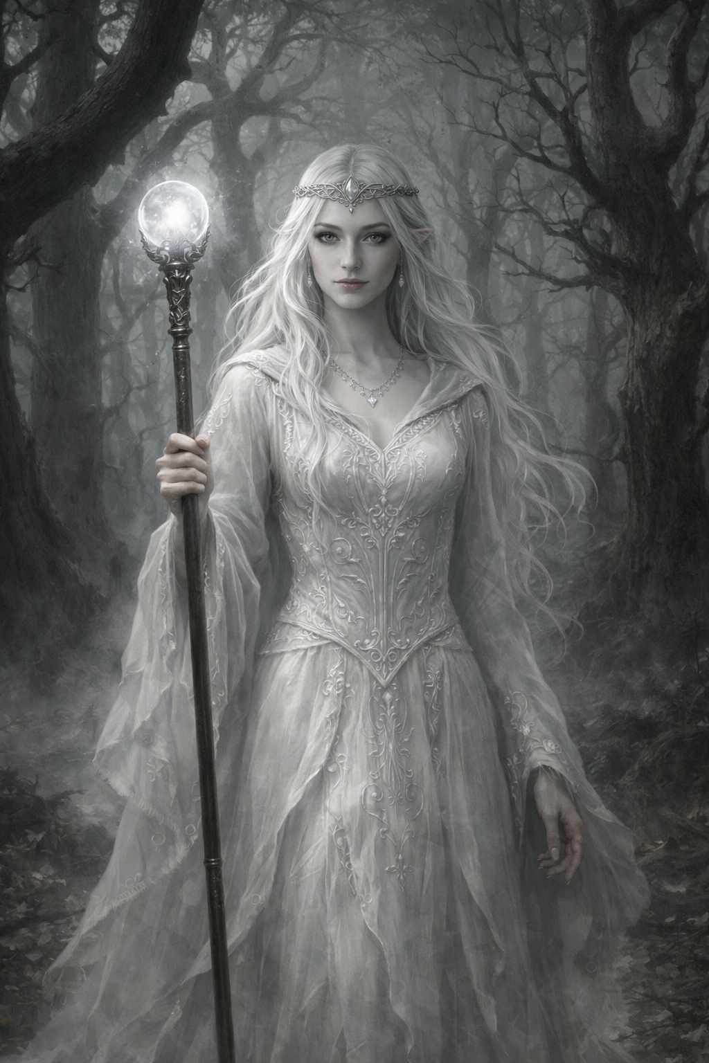 Dark fantasy mobile wallpaper featuring an elven moonwarden standing in a misty forest, holding a glowing crystal staff, wearing an intricate moonlit gown, surrounded by ancient trees and ethereal light, creating a serene and mystical atmosphere ideal for fantasy lovers and enchanted mobile displays.