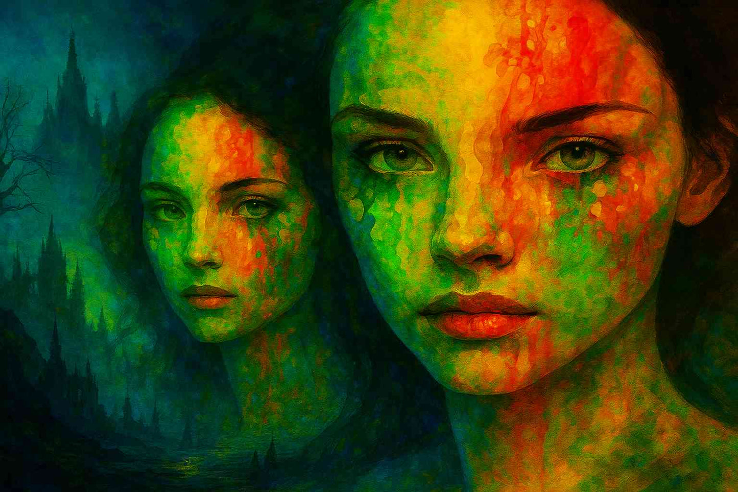 Surreal dark fantasy wallpaper depicting the Dark Fantasy Mystic Twins, with their faces merging vibrant red and green hues. This mystical artwork captures their powerful connection to ancient magic, creating an emotional, dreamlike atmosphere, perfect for fans of fantasy and gothic art, ideal for desktop backgrounds.