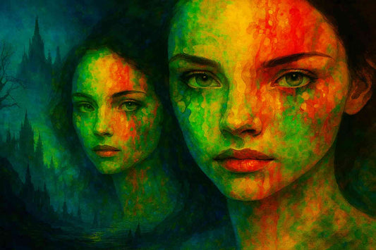 Surreal dark fantasy wallpaper depicting the Dark Fantasy Mystic Twins, with their faces merging vibrant red and green hues. This mystical artwork captures their powerful connection to ancient magic, creating an emotional, dreamlike atmosphere, perfect for fans of fantasy and gothic art, ideal for desktop backgrounds.