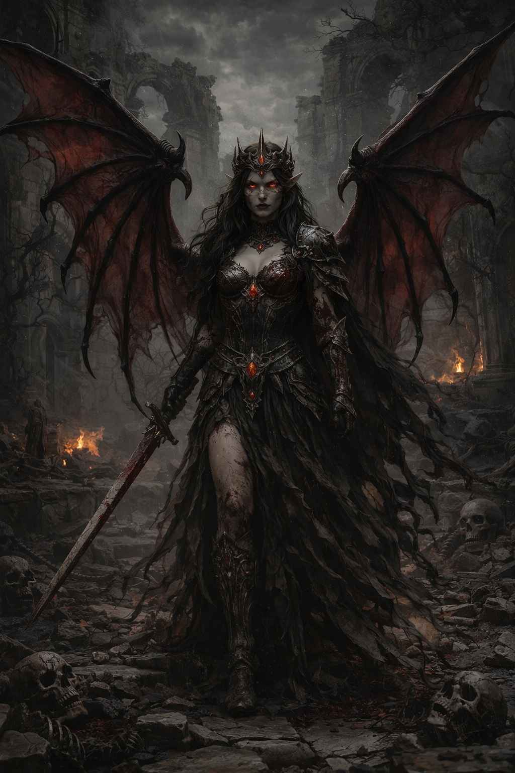 Dark fantasy mobile wallpaper featuring a winged demon queen standing in ruined battleground ruins, wearing dark armor with glowing red gemstones, holding a bloodstained sword, surrounded by fire, ash, skulls, crumbling stone arches, and an apocalyptic atmosphere perfect for fantasy phone displays.