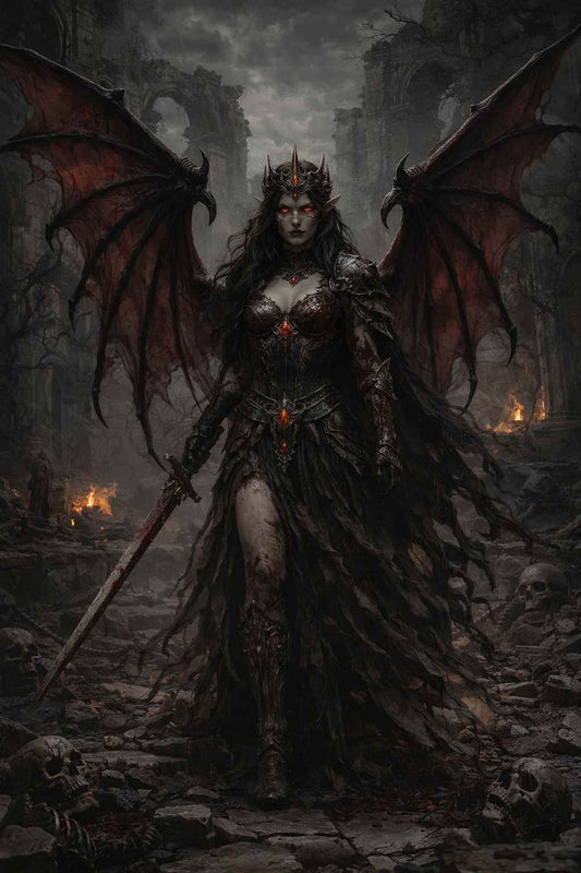 Dark fantasy mobile wallpaper featuring a winged demon queen standing in ruined battleground ruins, wearing dark armor with glowing red gemstones, holding a bloodstained sword, surrounded by fire, ash, skulls, crumbling stone arches, and an apocalyptic atmosphere perfect for fantasy phone displays.