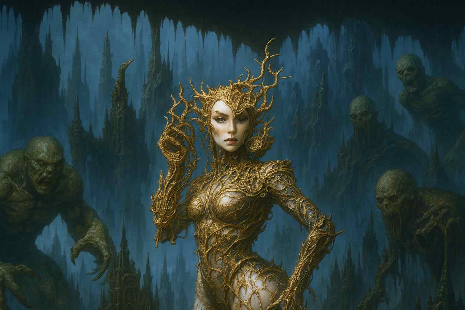 Dark Fantasy Root Queen PC wallpaper featuring a powerful queen adorned with roots and vines, surrounded by eerie creatures in a dark, nature-bound fantasy world, perfect for gothic and fantasy desktop backgrounds.