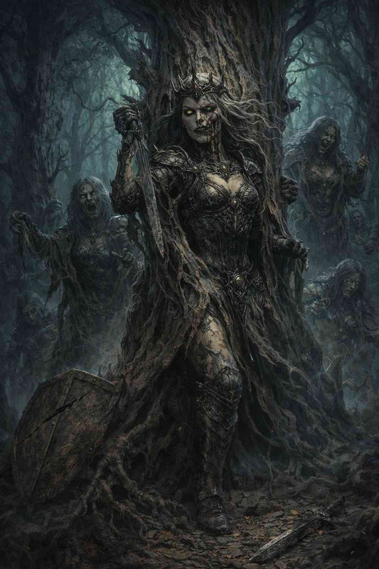 Dark fantasy mobile wallpaper featuring a corrupted forest queen fused with tree roots, emerging from a massive trunk, wearing bark-covered armor with glowing green eyes, surrounded by undead warriors rising from the woods, creating a grim, atmospheric, necromantic forest setting.