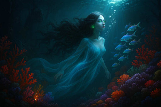 Dark Fantasy Sea Spirit PC wallpaper featuring an ethereal spirit in glowing coral reefs, swimming among mystical creatures and vibrant underwater life. This haunting and magical artwork captures the mystery and beauty of the ocean’s depths, perfect for fans of dark fantasy and underwater-themed art.