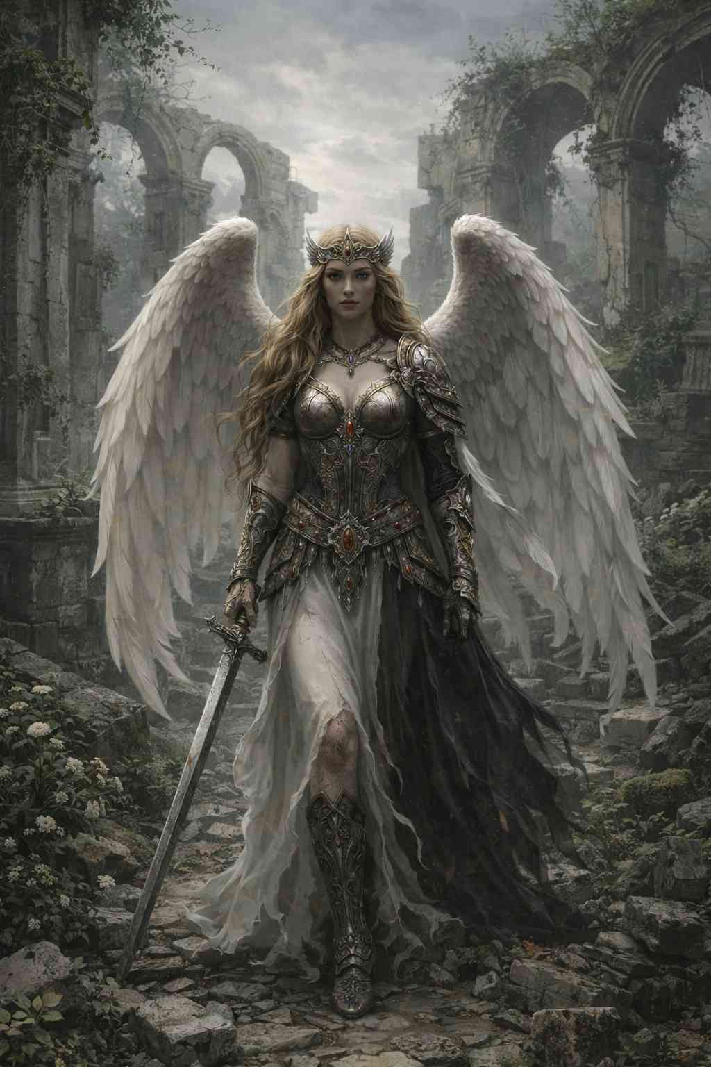 Dark fantasy mobile wallpaper featuring a celestial Valkyrie with large white wings, ornate armor, and a dual-tone gown standing in ancient ruins, surrounded by broken stone, soft overgrown plants, and atmospheric mist, creating a cinematic and mythic scene for immersive phone displays.