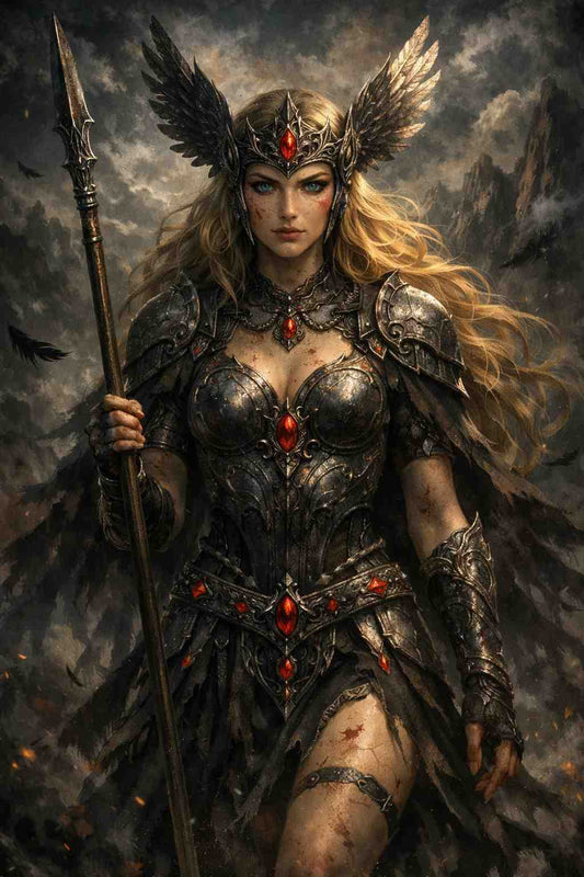 Dark fantasy mobile wallpaper showing a stormforged Valkyrie wearing ember-lit armor adorned with red gemstones, holding a spear, crowned with winged metal, with long flowing blonde hair, standing in a dramatic mountainous battlefield under swirling ash and storm clouds.
