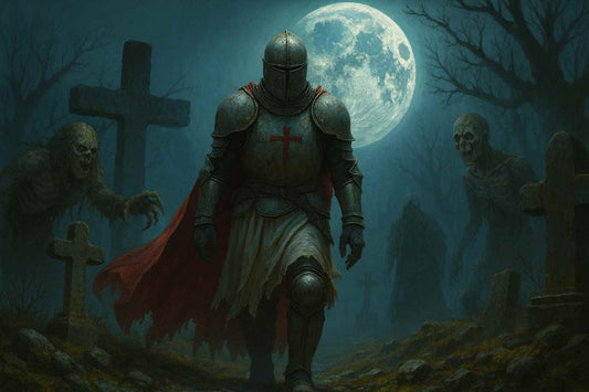 Dark Fantasy Undead Crusader PC wallpaper featuring a knight in ancient armor, walking through a desolate landscape, surrounded by undead creatures under a full moon, perfect for gothic and fantasy desktop backgrounds.