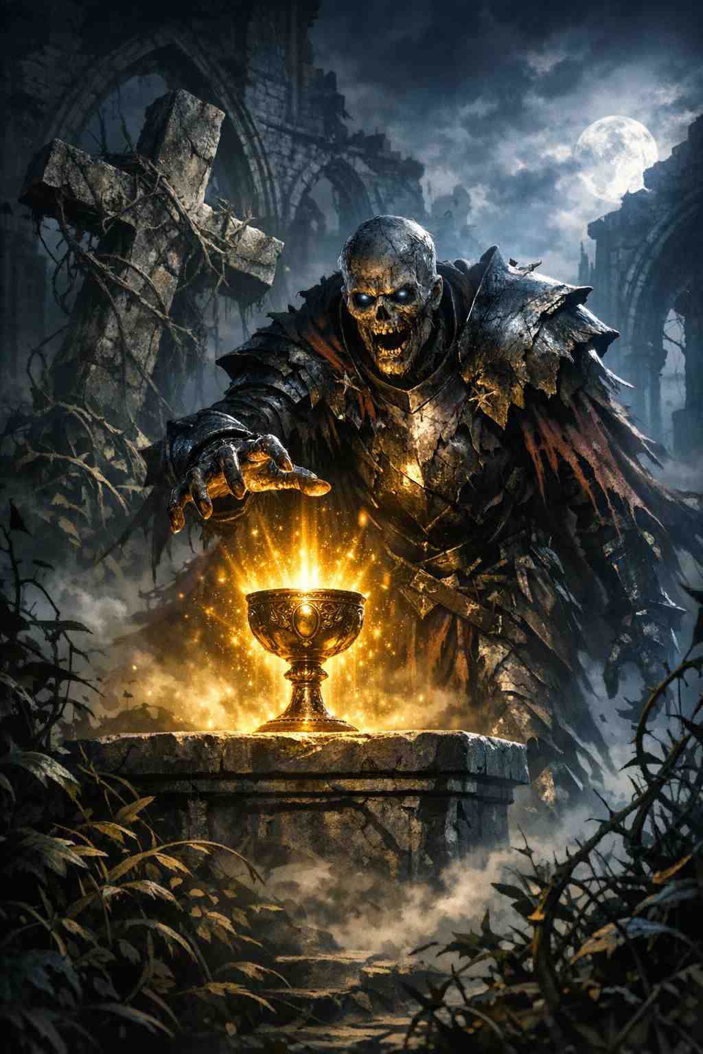 Dark fantasy mobile wallpaper showing an undead skeletal guardian in shattered armor reaching toward a glowing cursed golden chalice inside ruined gothic architecture under a moonlit sky, with dramatic lighting, mist, and a cinematic grimdark atmosphere.