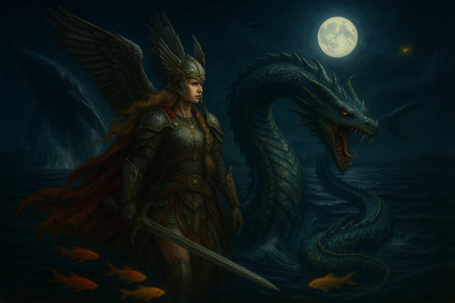 Dark fantasy PC wallpaper depicting an armored winged valkyrie holding a sword beside a roaring sea serpent rising from moonlit ocean waters, with a full moon and dark sky creating a cinematic gothic atmosphere for gamers and fantasy desktop setups at night
