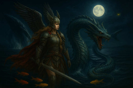 Dark fantasy PC wallpaper depicting an armored winged valkyrie holding a sword beside a roaring sea serpent rising from moonlit ocean waters, with a full moon and dark sky creating a cinematic gothic atmosphere for gamers and fantasy desktop setups at night