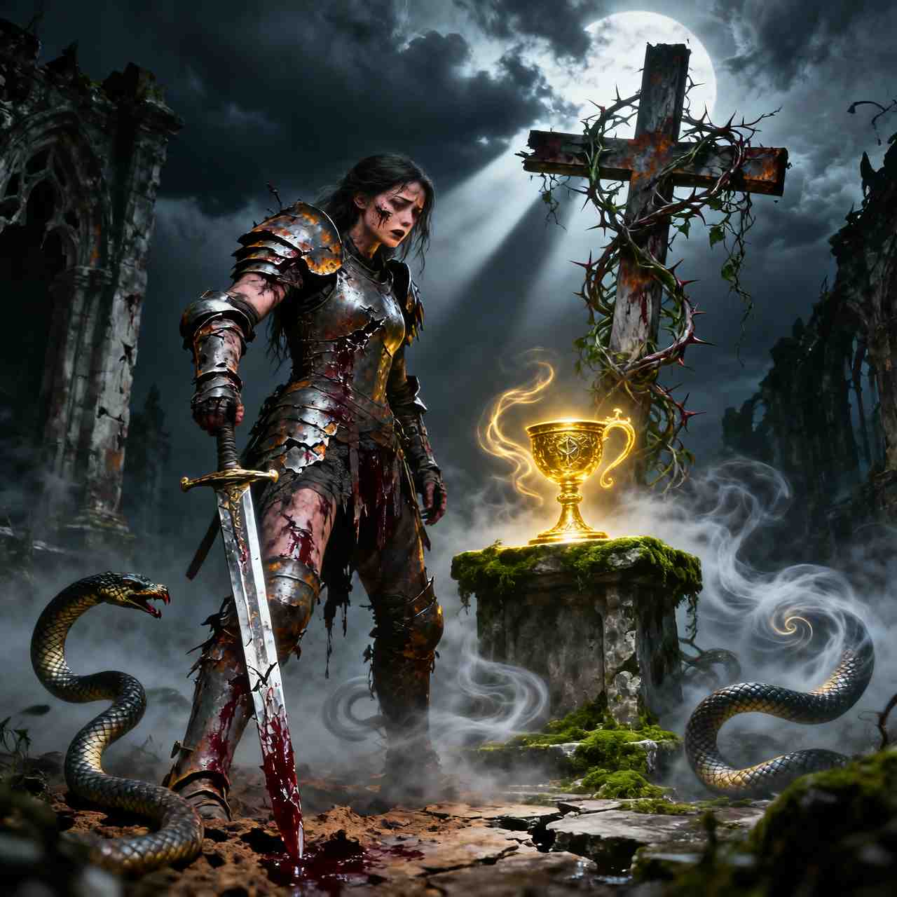 Dark fantasy mobile wallpaper showing a wounded armored warrior holding a bloodied sword before a glowing Blood Chalice, surrounded by serpents and ruined gothic structures under moonlight, with mist and cinematic dramatic lighting.