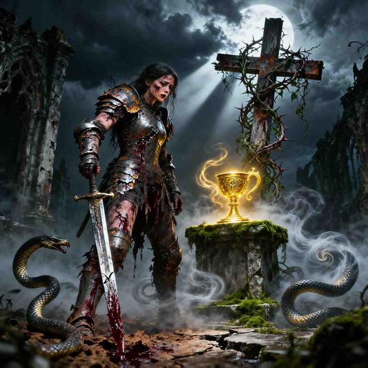 Dark fantasy mobile wallpaper showing a wounded armored warrior holding a bloodied sword before a glowing Blood Chalice, surrounded by serpents and ruined gothic structures under moonlight, with mist and cinematic dramatic lighting.