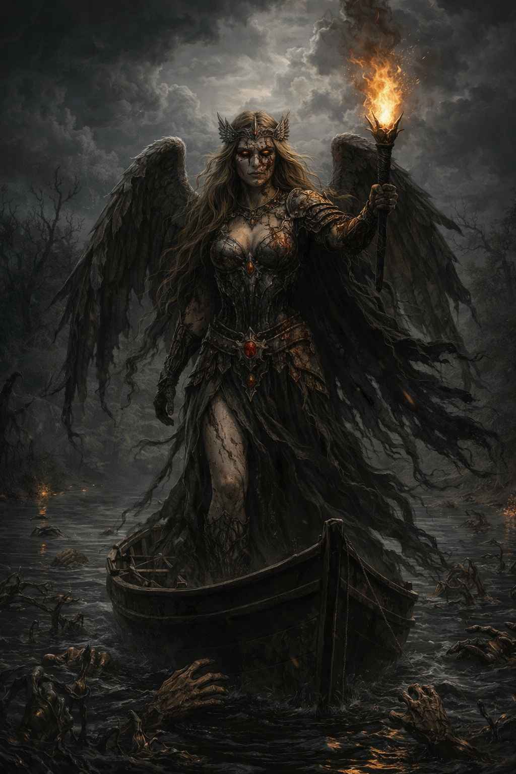 Dark fantasy mobile wallpaper featuring a winged revenant standing on a decaying boat, holding a flaming torch over dark waters filled with skeletal hands, drifting fog, rising undead shapes, and stormy clouds, creating a cinematic and atmospheric gothic scene for immersive phone displays.