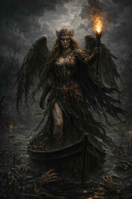 Dark fantasy mobile wallpaper featuring a winged revenant standing on a decaying boat, holding a flaming torch over dark waters filled with skeletal hands, drifting fog, rising undead shapes, and stormy clouds, creating a cinematic and atmospheric gothic scene for immersive phone displays.