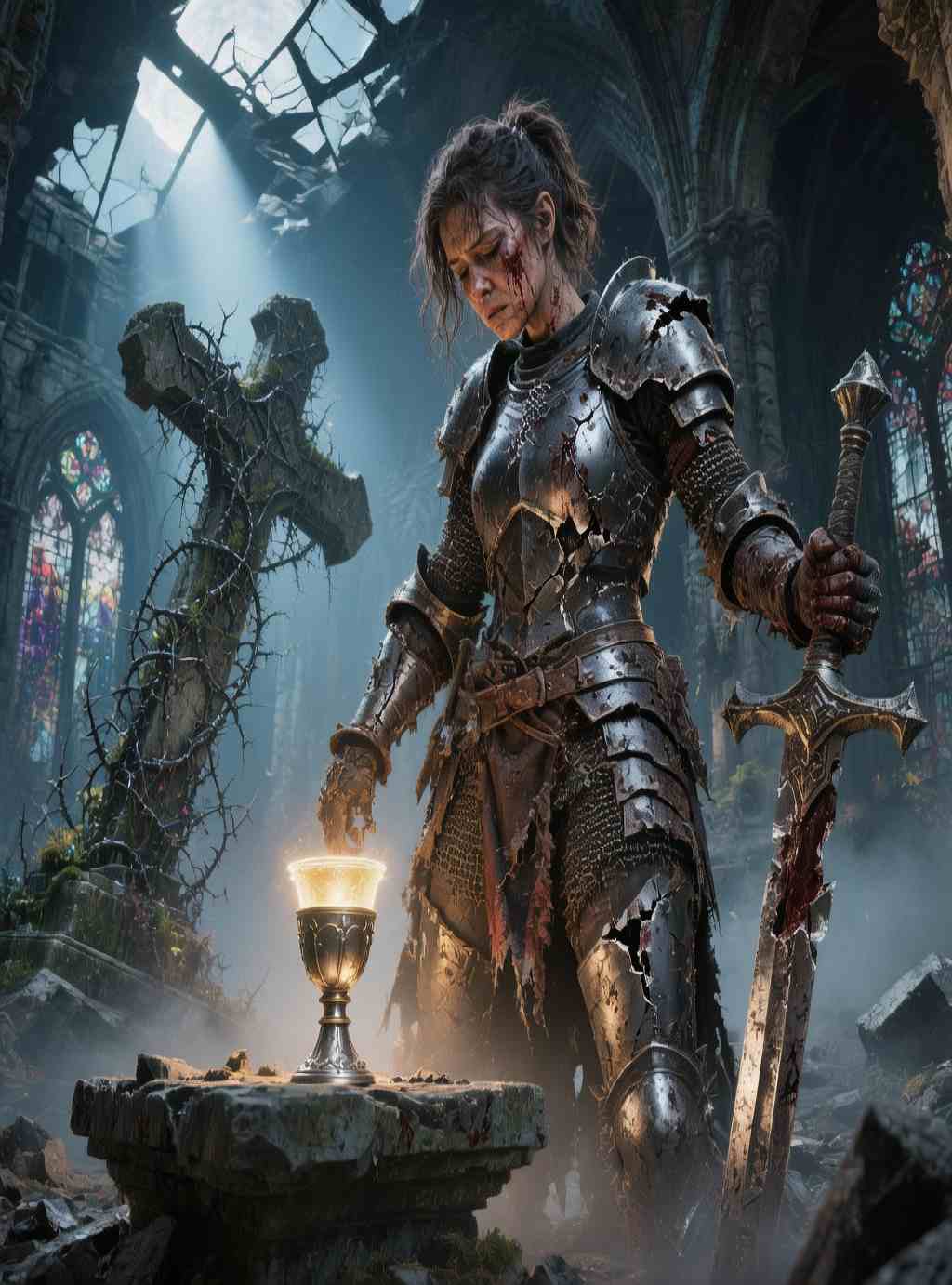 Dark fantasy mobile wallpaper depicting a wounded armored knight standing before a glowing shattered chalice inside a ruined gothic cathedral, surrounded by broken stone, fallen cross, mist, and a somber cinematic atmosphere.
