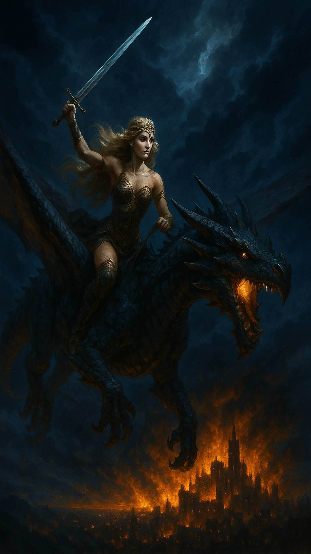 Dark fantasy mobile wallpaper showing a warrior queen riding a fire breathing dragon above a burning medieval city under a stormy night sky, cinematic fantasy artwork designed for vertical phone screens