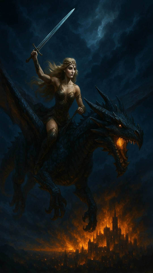 Dark fantasy mobile wallpaper showing a warrior queen riding a fire breathing dragon above a burning medieval city under a stormy night sky, cinematic fantasy artwork designed for vertical phone screens
