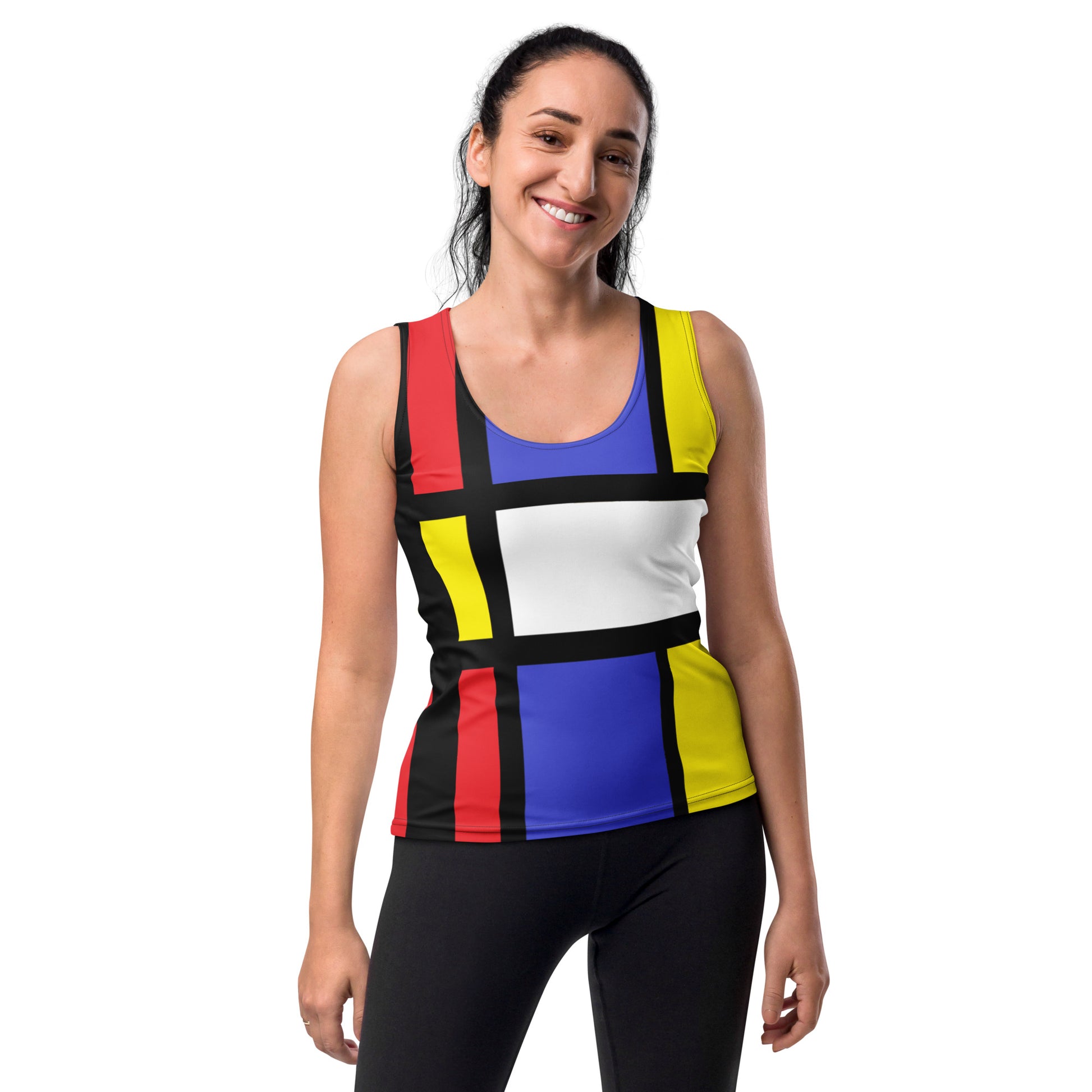 Women’s Sublimation Cut & Sew Tank Top featuring the vintage design Équilibre en rouge, bleu et jaune. Retro geometric art with bold blocks of red, blue, yellow, black, and white. Perfect for casual wear, workouts, or as an art-inspired fashion piece.