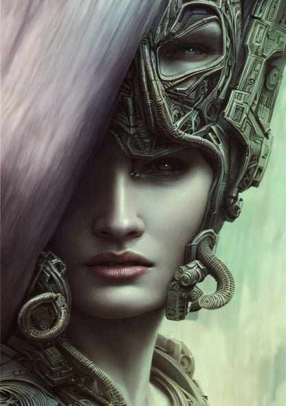 Evolution framed poster featuring a futuristic biomechanical portrait. Cybernetic realism with sci-fi and alien influences, printed on matte paper with wooden frame. Perfect wall art for sci-fi and fantasy lovers.