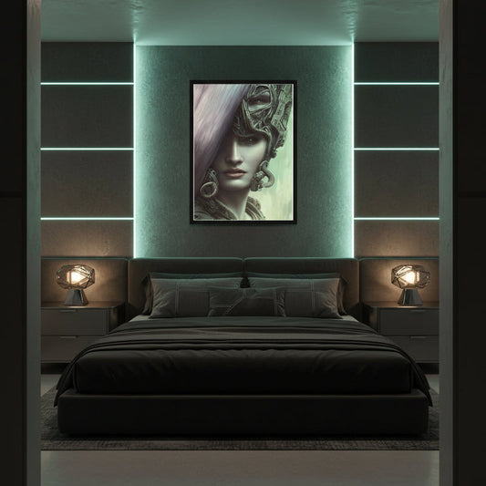 Framed biomechanical portrait hanging above a low dark bed in a luxurious futuristic bedroom, with graphite walls, vertical teal neon light strips, sculptural bedside lamps and soft shadows, creating a cinematic sci fi atmosphere where the cybernetic female face becomes the dramatic focal point of the room.