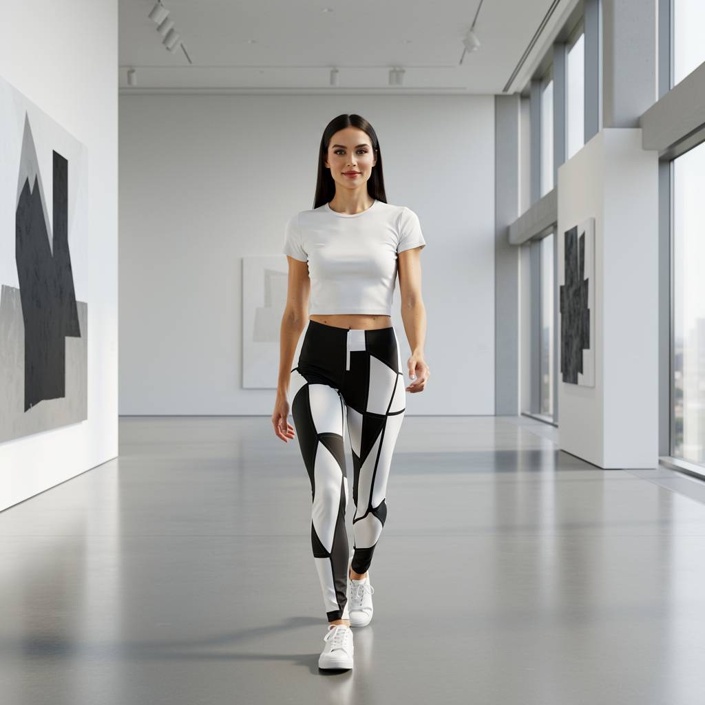 Full body view of a woman walking in a modern art gallery wearing black and white geometric Facettes leggings, showcasing the bold abstract pattern and high rise fit in a realistic lifestyle setting
