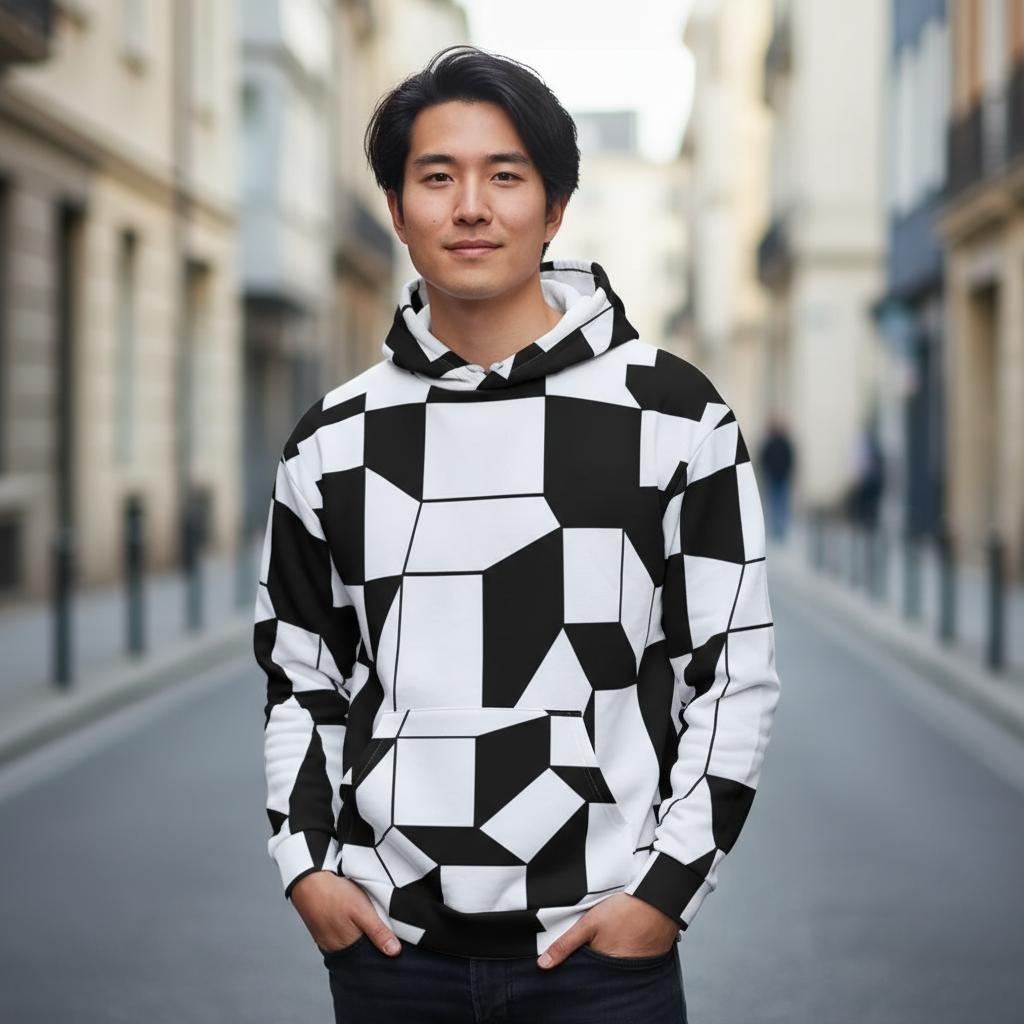 black and white geometric facettes pattern hoodie worn by a young man standing in a bright urban street modern sixties inspired design with bold shapes and clean lines detailed fabric texture visible on sleeves and hood all over print unisex hoodie shown clearly for product presentation