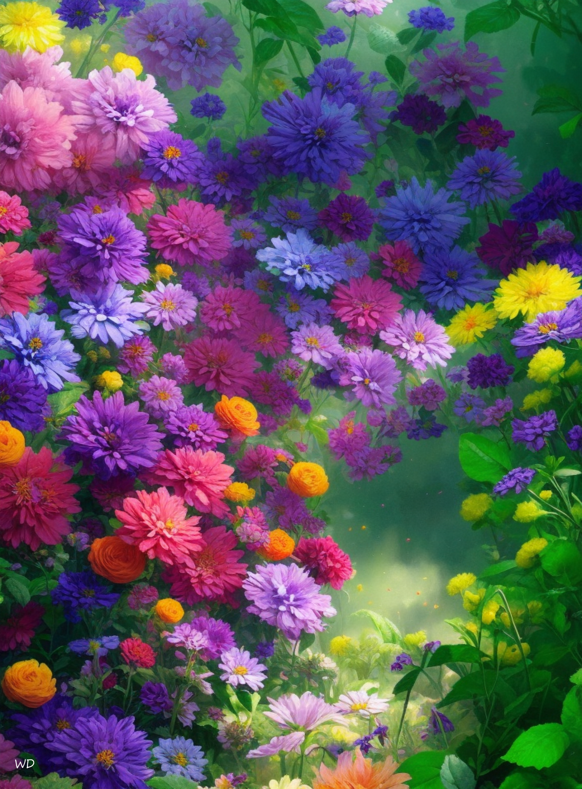 Fleuri framed poster featuring colorful wildflowers in full bloom. Rich purples, bright yellows, and lush pinks evoke the beauty of a summer meadow. Premium matte paper with wooden frame.