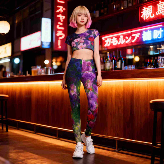Young woman standing in a Japanese bar wearing high waist floral summer leggings with purple pink green and red flowers painterly texture warm neon lighting wooden counter bottles in background creating a vibrant modern nightlife atmosphere with soft shadows and expressive fashion mood