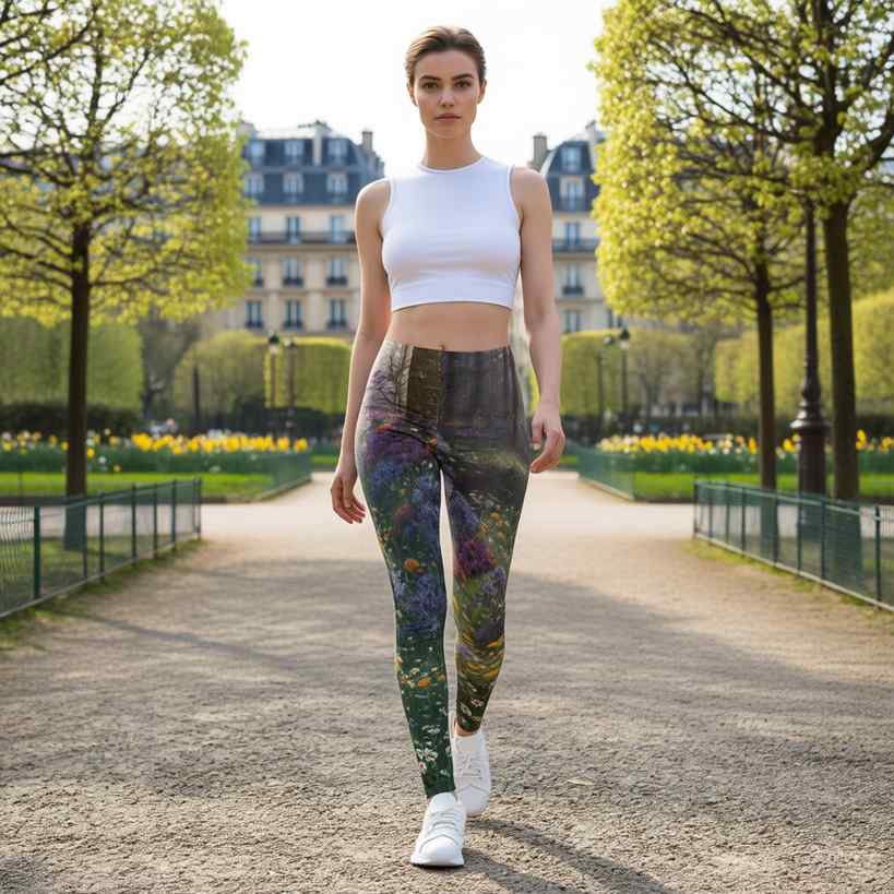Woman walking in a French garden wearing high waisted leggings with blooming forest wildflower design featuring green foliage and purple yellow and white flowers, full body lifestyle fashion scene in natural daylight