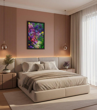 Framed poster colorful wildflower meadow Fleuri vibrant floral wall art with purples pinks yellows and lush greens displayed in a modern bedroom interior soft terracotta wall warm lighting natural decor adding depth brightness and summer atmosphere to the space