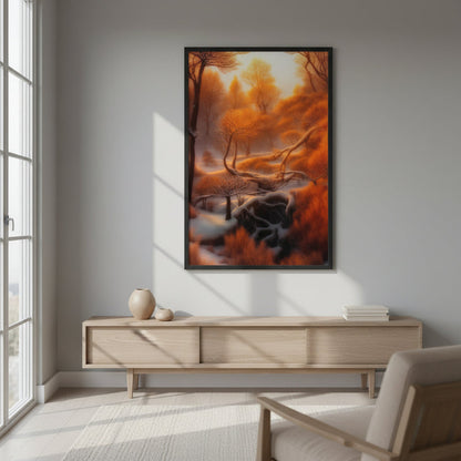 Framed poster featuring a golden winter forest scene with glowing amber trees, soft snow, winding branches and warm seasonal light, displayed in a minimalist modern living room with a large window, natural sunlight, neutral tones and a wooden console