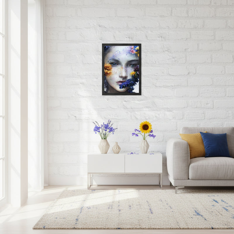 Framed floral mythology portrait of Circe displayed in a bright modern living room with a white brick wall. Vibrant blossoms and soft lighting enhance the artwork, with decorative flowers and contemporary furniture creating a serene, elegant atmosphere.