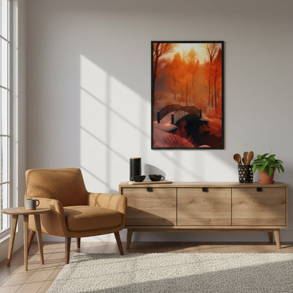 Framed poster of an autumn forest artwork with a misty amber atmosphere showing tall glowing trees and a small arched bridge, displayed above a wooden sideboard in a bright minimalist living room with sunlight streaming through large windows creating a warm seasonal interior mood