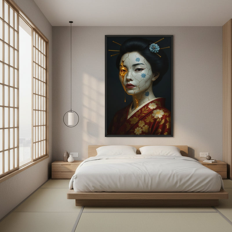 Framed poster featuring a Japanese woman with golden kintsugi-style cracks displayed above a minimalist bed in a serene Japanese-inspired bedroom with natural light and wooden elements