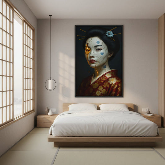 Framed poster featuring a Japanese woman with golden kintsugi-style cracks displayed above a minimalist bed in a serene Japanese-inspired bedroom with natural light and wooden elements