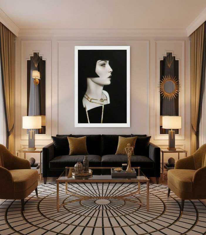 Framed Art Deco poster of Louise Brooks displayed in a luxurious Art Deco living room. The black and gold portrait hangs above a glass coffee table, surrounded by elegant furniture, geometric details, warm lighting, and sophisticated décor.