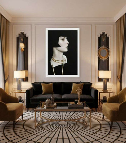 Framed Art Deco poster of Louise Brooks displayed in a luxurious Art Deco living room. The black and gold portrait hangs above a glass coffee table, surrounded by elegant furniture, geometric details, warm lighting, and sophisticated décor.