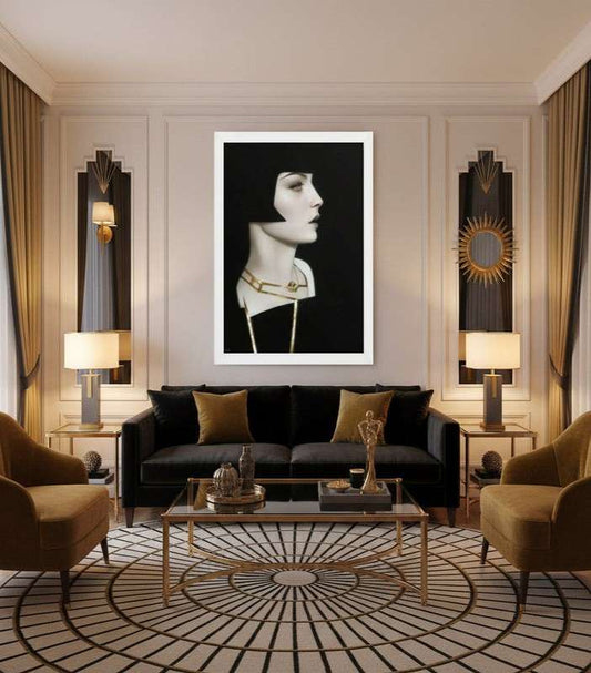 Framed Art Deco poster of Louise Brooks displayed in a luxurious Art Deco living room. The black and gold portrait hangs above a glass coffee table, surrounded by elegant furniture, geometric details, warm lighting, and sophisticated décor.