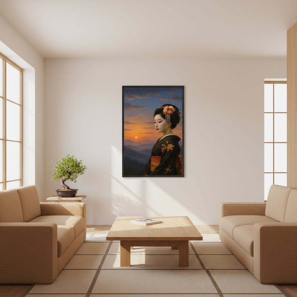 ✨ The Framed Poster – Modern Rising Sun Geisha, created by Marcel W-Dagrou, celebrates the union of tradition and modernity through a luminous Japanese portrait. Bathed in the golden glow of sunrise, the geisha stands in peaceful contemplation, her refined kimono radiating timeless beauty.

🎨 Marcel W-Dagrou’s artistry merges classical composition with a contemporary palette — deep blacks, amber light, and the soft hues of dawn. This creation transcends eras, embodying serenity, elegance, and the quiet pow