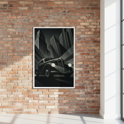 
Framed poster Shadow City with vintage black car in art deco style on brick wall interior dramatic skyscrapers geometric light rays urban elegance luxury illustration wall art decor for home office or creative studio