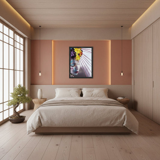 Framed geisha floral portrait hanging in a serene modern Japanese bedroom with terracotta accent wall, soft ambient lighting, low platform bed, shoji-style windows and a bonsai near the floor, creating a calm, elegant and refined atmosphere with delicate colors and minimalist design.
