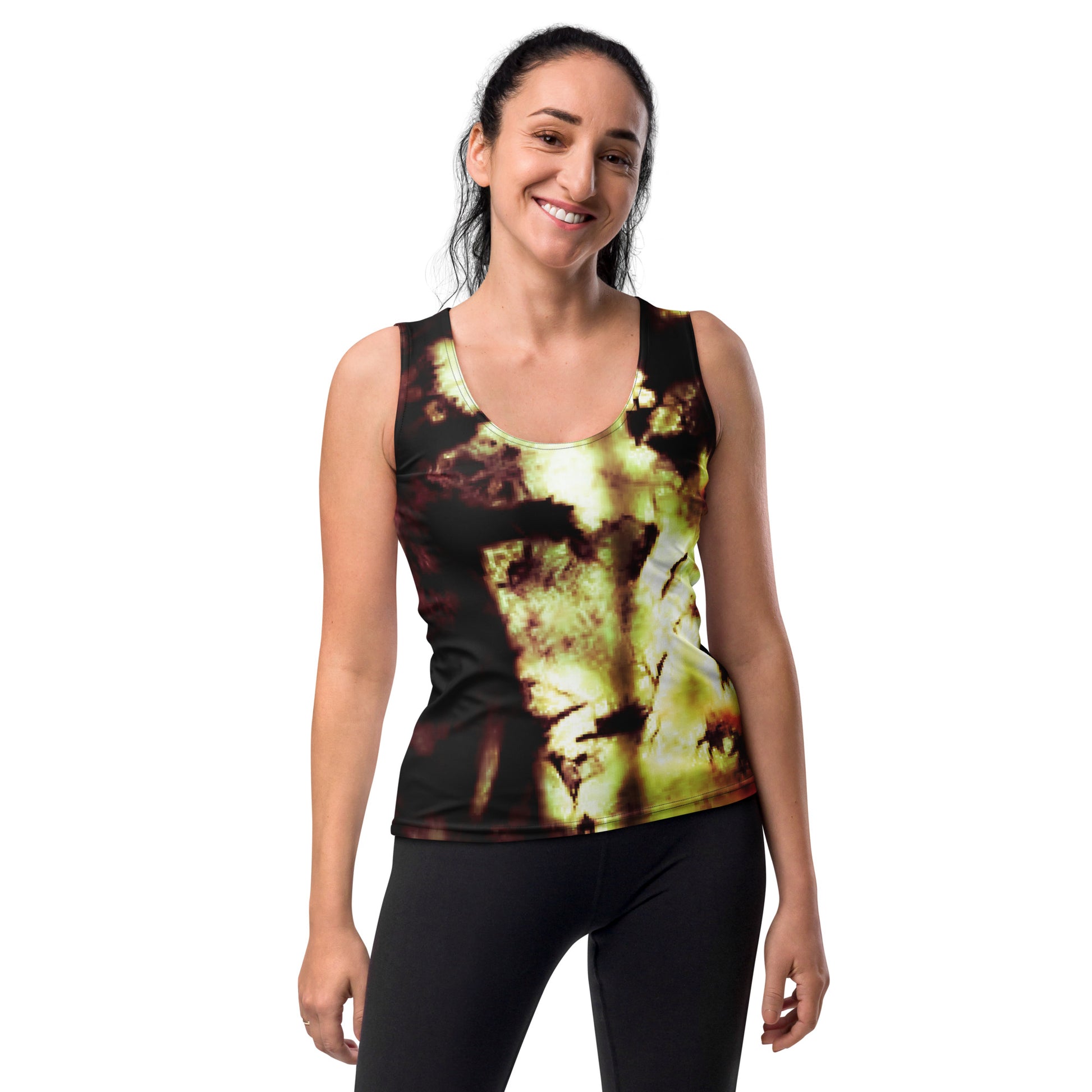 Woman wearing Sublimation Cut & Sew Tank Top with abstract golden glow design, form-fitting and stylish tank top made from smooth microfiber yarn, perfect for casual or active wear.