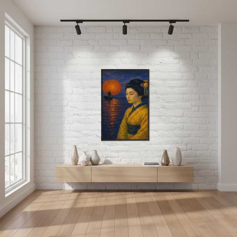 Framed poster Golden Kimono at Sunset featuring a Japanese geisha in a yellow kimono at dusk with an orange sun reflected on calm water displayed on a white brick wall inside a modern minimalist living room with natural light