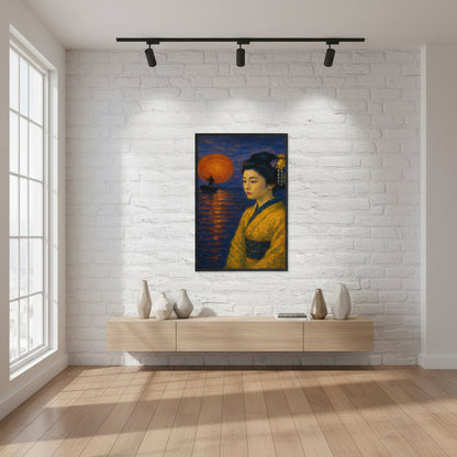 Framed poster Golden Kimono at Sunset featuring a Japanese geisha in a yellow kimono at dusk with an orange sun reflected on calm water displayed on a white brick wall inside a modern minimalist living room with natural light