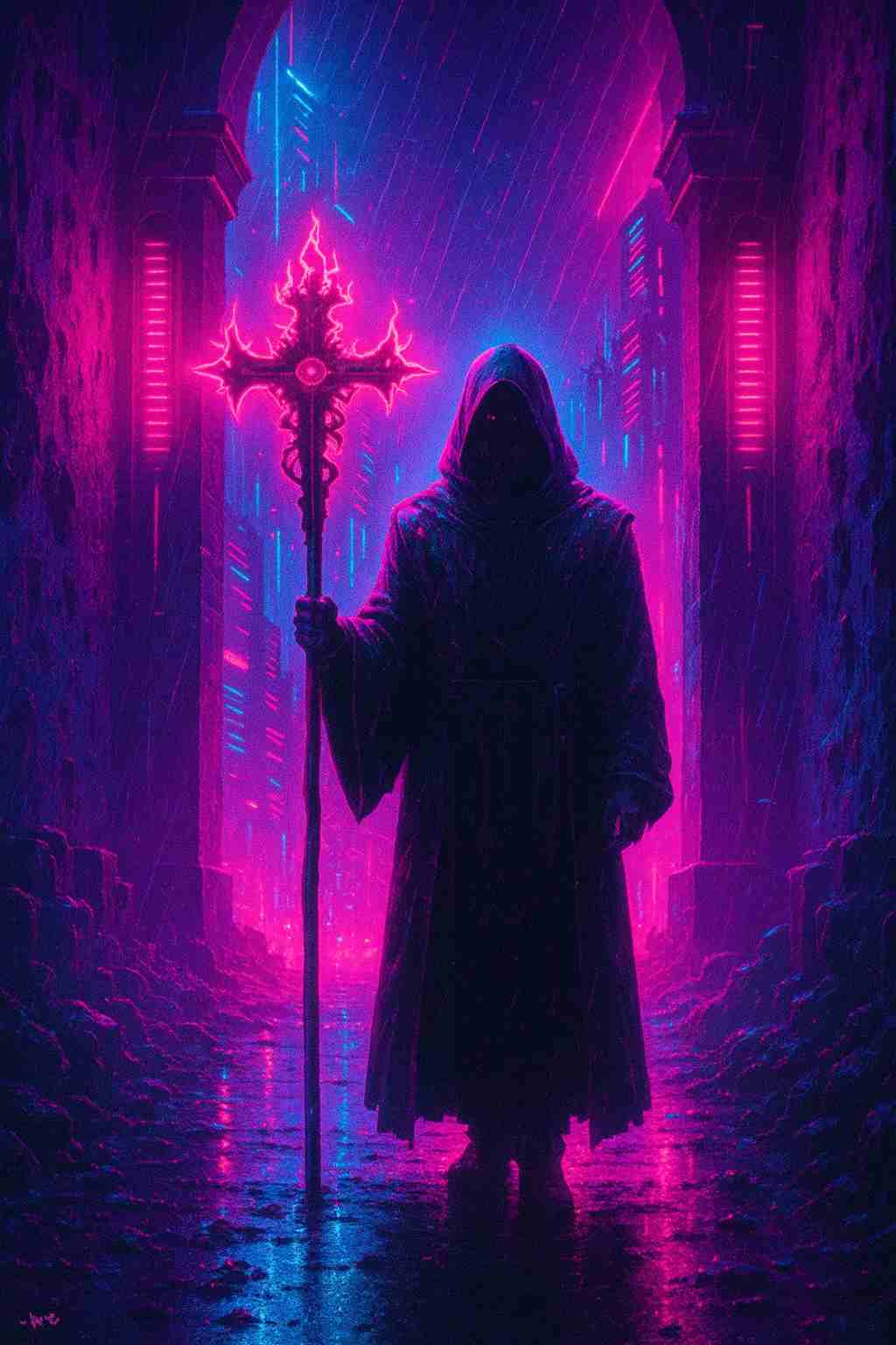 Hooded cyberpunk figure holding a glowing cross shaped staff stands in a neon lit underground corridor, rain falling on reflective ground as magenta and blue light surrounds the scene, creating a dark dystopian atmosphere designed for smartphone lock screen and home screen use