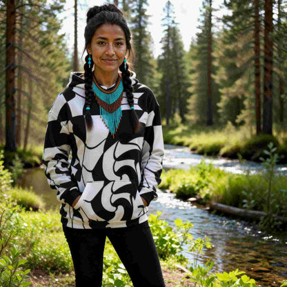 Woman standing outdoors near a forest river wearing a black and white abstract Checkered Love hoodie, with braided hair and turquoise beaded jewelry. Bright natural daylight, trees and water in the background, showcasing the full front design of the All-Over Print Recycled Unisex Hoodie.